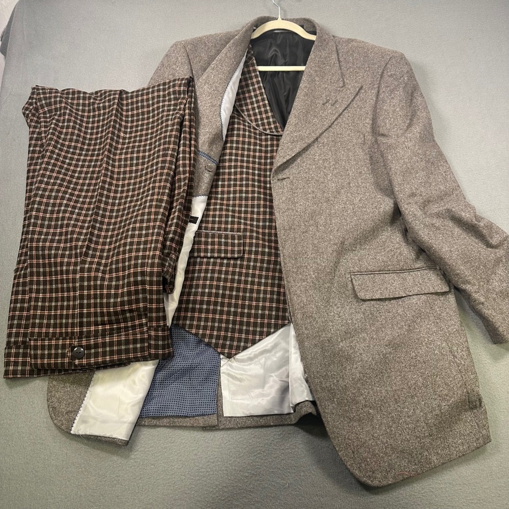 Apollo King Mens 3 Piece Wool Suit 44L Blazer 38L Plaid Pants Vest Tan Brown